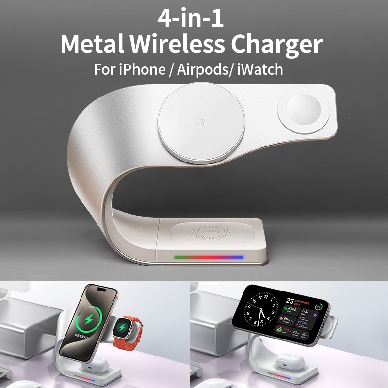 Wireless Charger Watch - Metal Gövdeli 4'ü 1 Arada Kablosuz