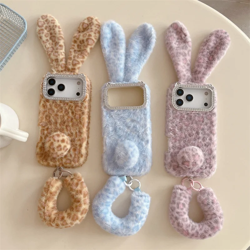Apple Iphone 15 Pro Max - Sevimli Karikatür Leopar Desenli Tavşan Kulaklı