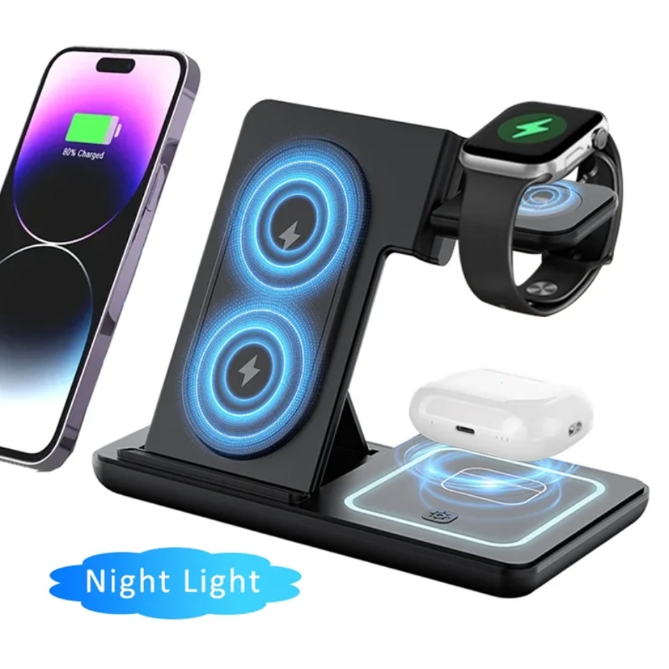 Wireless Charger Watch - Gece LED Işığı 3'ü 1 Arada